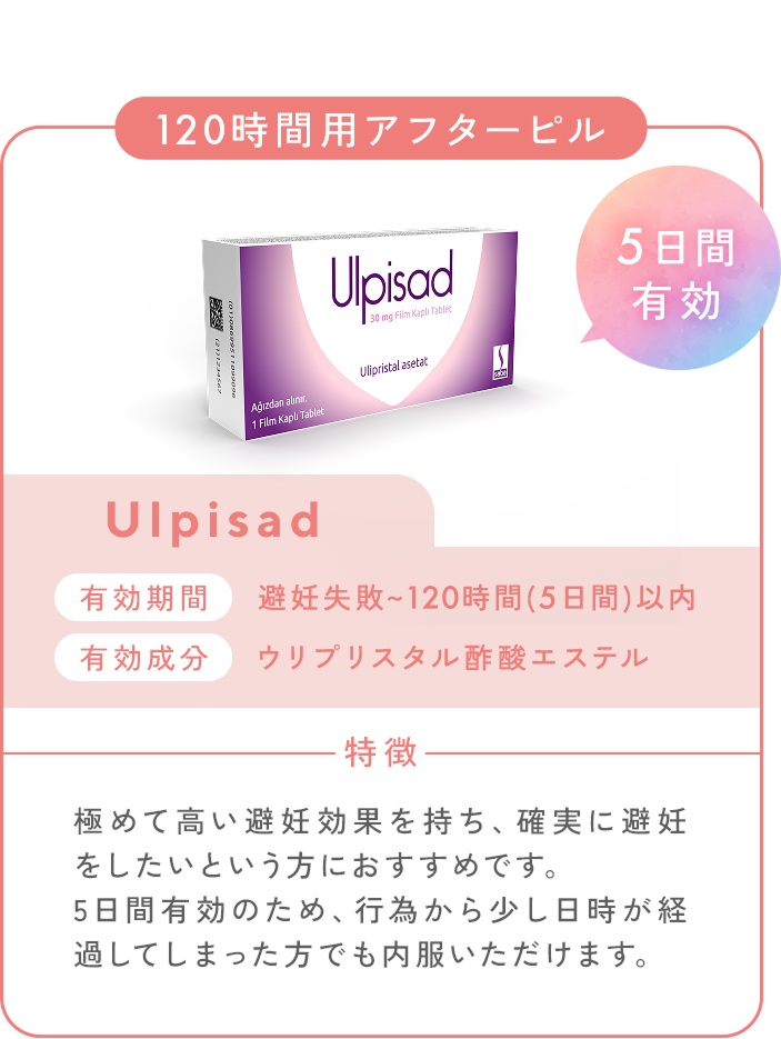 120時間用アフターピル_Josei_5日間有効。有効期間：避妊失敗～120時間（5日間）以内。有効成分：ウリプリスタル酢酸エステル。特徴：極めて高い避妊効果を持ち、確実に避妊をしたいという方におすすめです。5日間有効のため、行為から少し日時が経過してしまった方でも内服いただけます。
