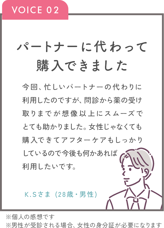 パートナーに代わって購入できました。今回、忙しいパートナーの代わりに利用したのですが、問診から薬の受け取りまでが想像以上にスムーズでとても助かりました。女性じゃなくても購入できてアフターケアもしっかりしているので今後も何かあれば利用したいです。K.Sさま（28歳・男性）※個人の感想です※男性が受診される場合、女性の身分証が必要になります