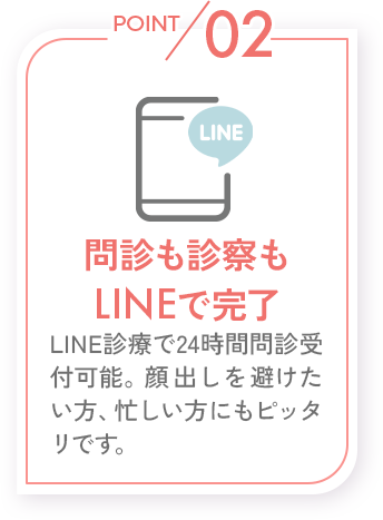 POINT02_問診も診察もLINEで完了_LINE診療なのでスキマ時間に受診可能。顔出しを避けたい方、忙しい方にもピッタリです。